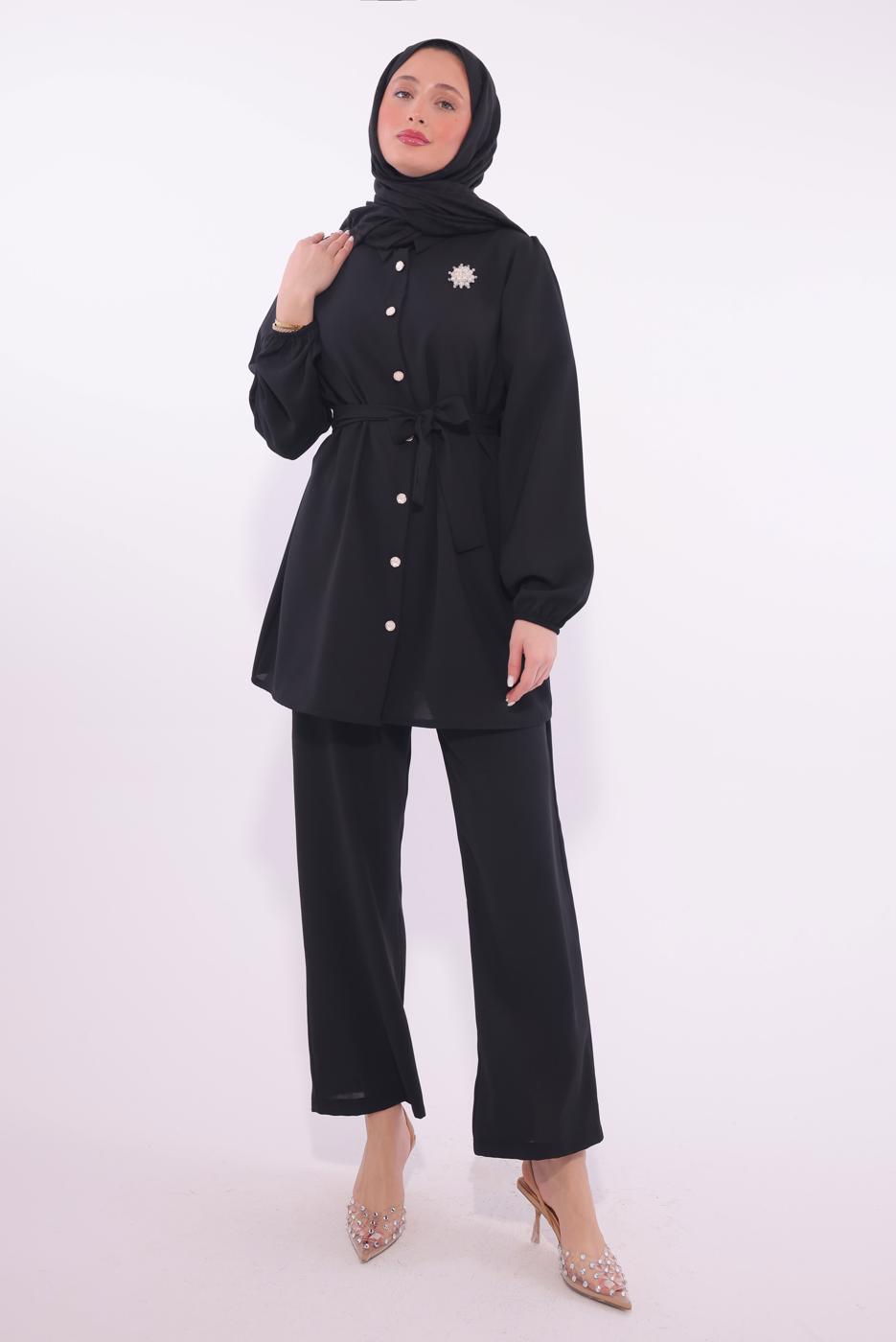 Tesettür giyim SİYAH KUŞAKLI PANTOLONLU TAKIM T 8674