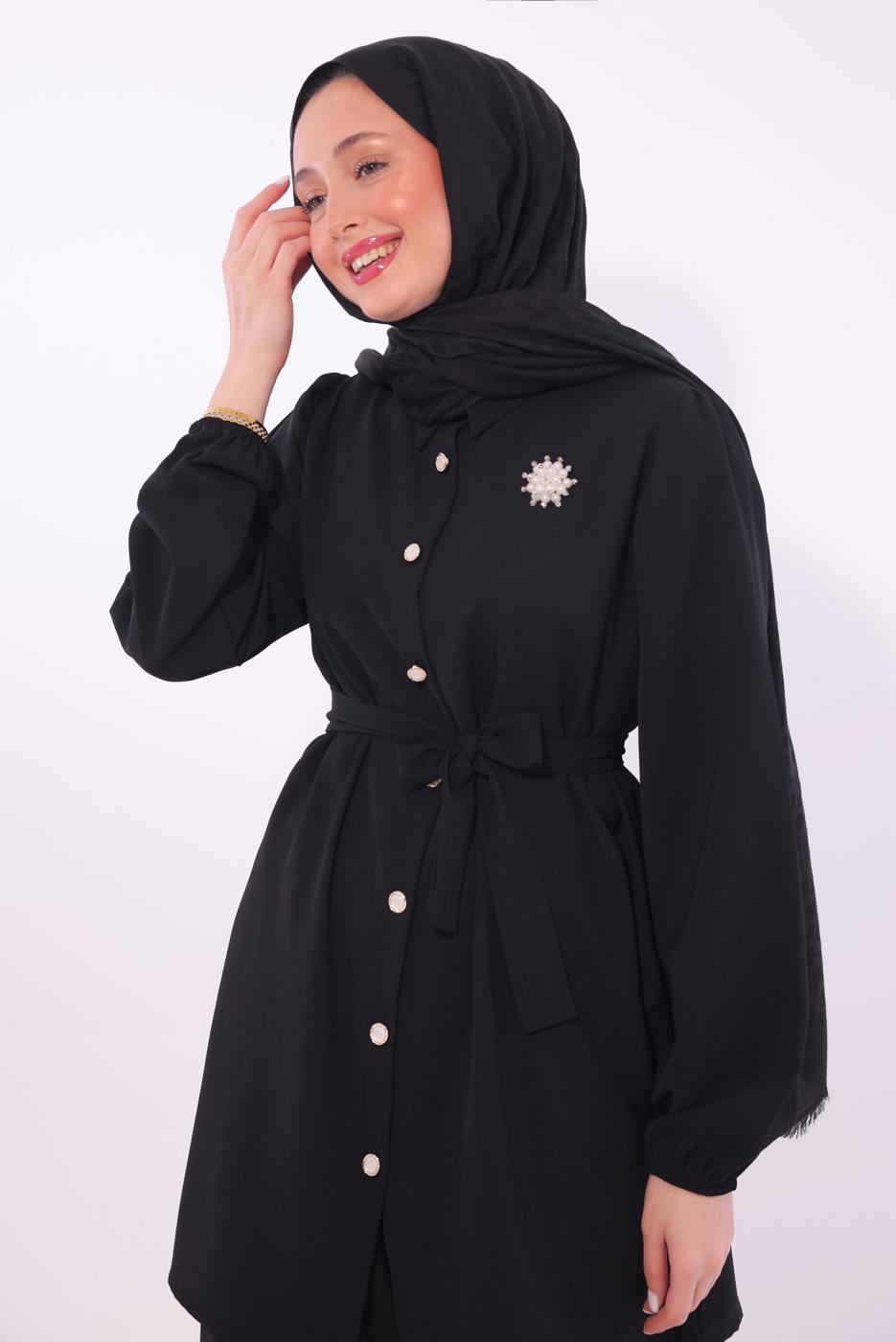 Tesettür giyim SİYAH KUŞAKLI PANTOLONLU TAKIM T 8674