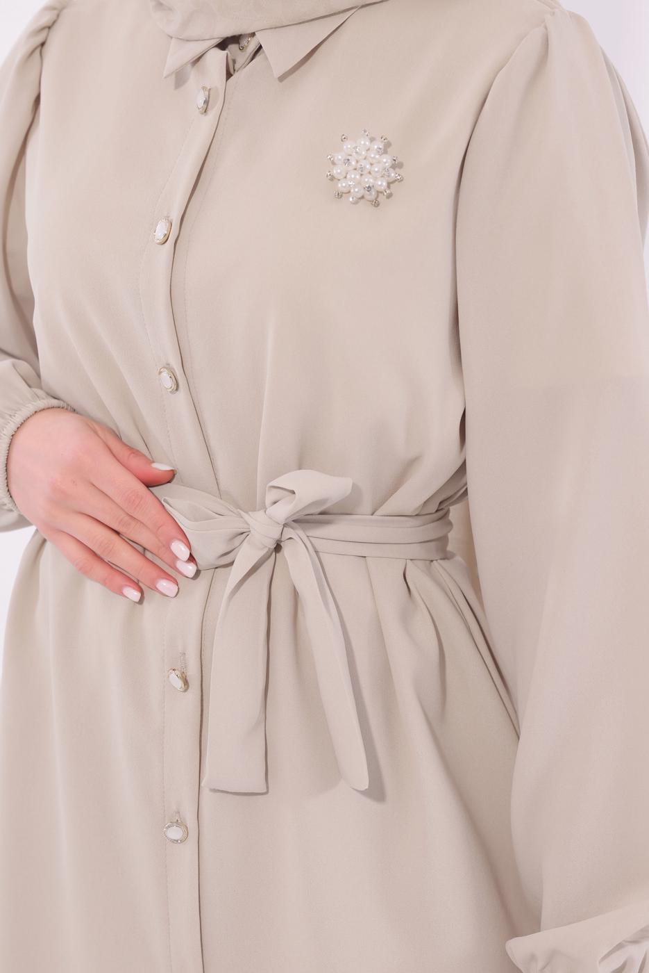 Tesettür giyim BEJ KUŞAKLI PANTOLONLU TAKIM T 8674