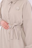 Tesettür giyim BEJ KUŞAKLI PANTOLONLU TAKIM T 8674