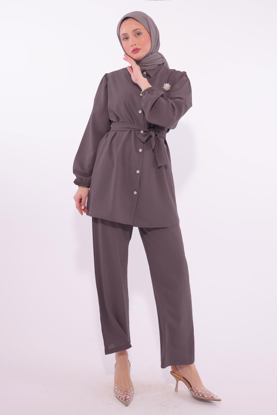 Tesettür giyim MÜRDÜM KUŞAKLI PANTOLONLU TAKIM T 8674