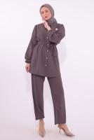 Tesettür giyim MÜRDÜM KUŞAKLI PANTOLONLU TAKIM T 8674