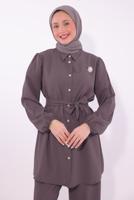 Tesettür giyim MÜRDÜM KUŞAKLI PANTOLONLU TAKIM T 8674