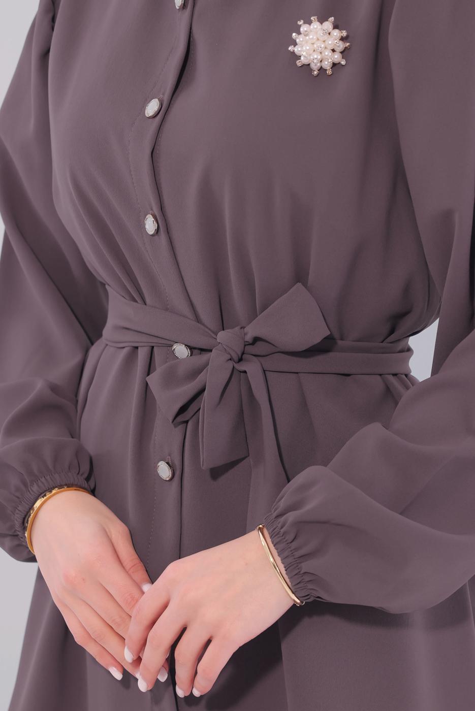 Tesettür giyim MÜRDÜM KUŞAKLI PANTOLONLU TAKIM T 8674