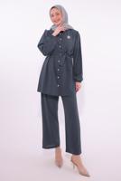 Tesettür giyim GRİ KUŞAKLI PANTOLONLU TAKIM T 8674
