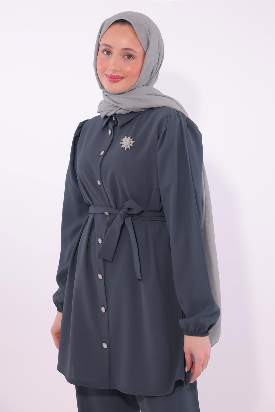 Tesettür giyim GRİ KUŞAKLI PANTOLONLU TAKIM T 8674