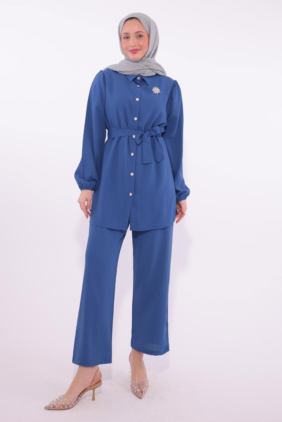 Tesettür giyim LACİVERT KUŞAKLI PANTOLONLU TAKIM T 8674
