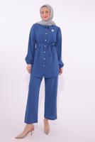 Tesettür giyim LACİVERT KUŞAKLI PANTOLONLU TAKIM T 8674