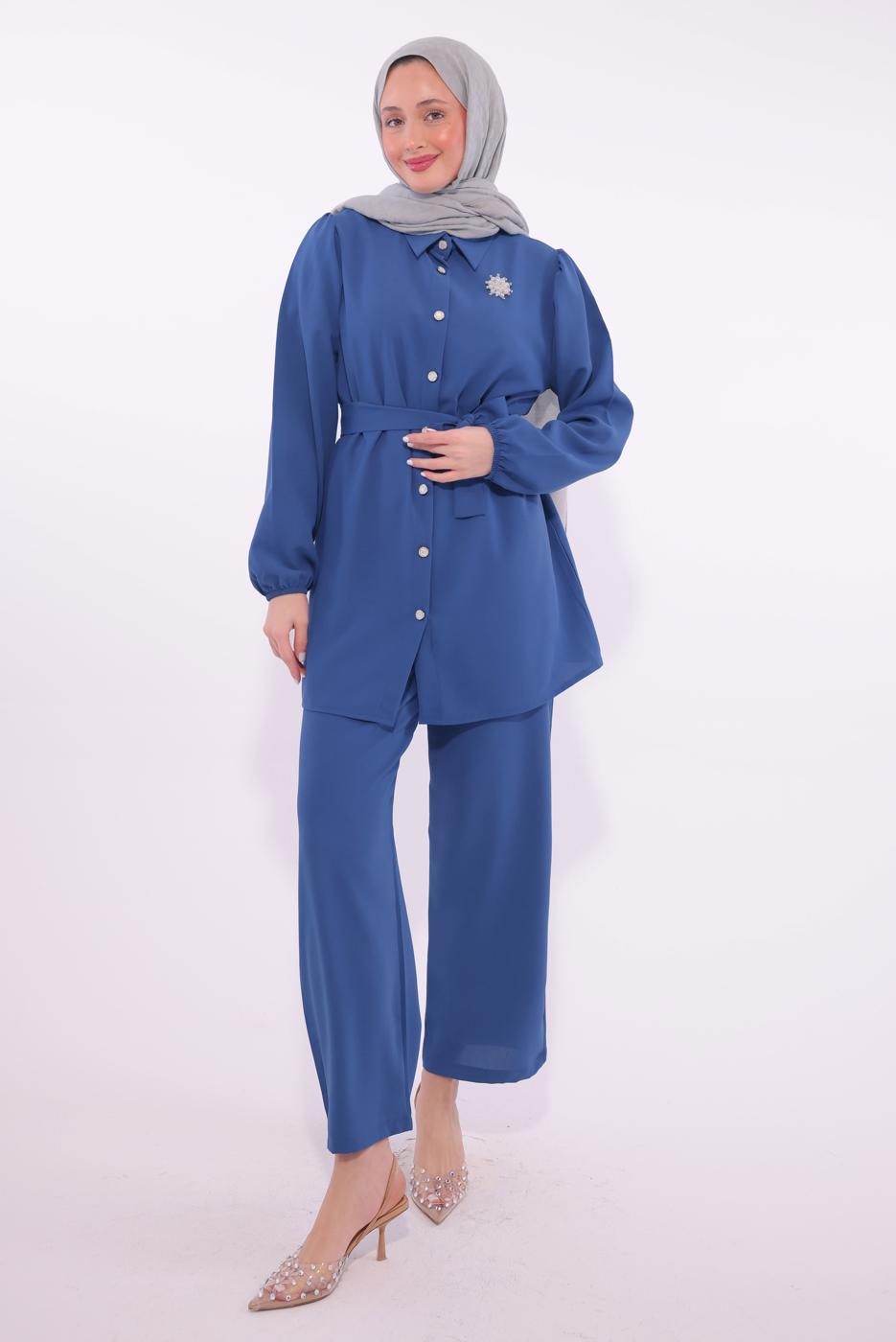 Tesettür giyim LACİVERT KUŞAKLI PANTOLONLU TAKIM T 8674