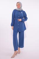 Tesettür giyim LACİVERT KUŞAKLI PANTOLONLU TAKIM T 8674