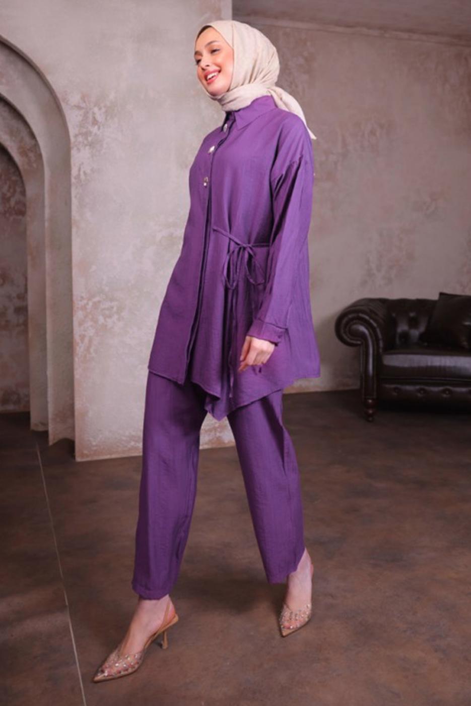 Hijab clothing PURPLE SHIRT COLLAR PANTS SUIT T 8884