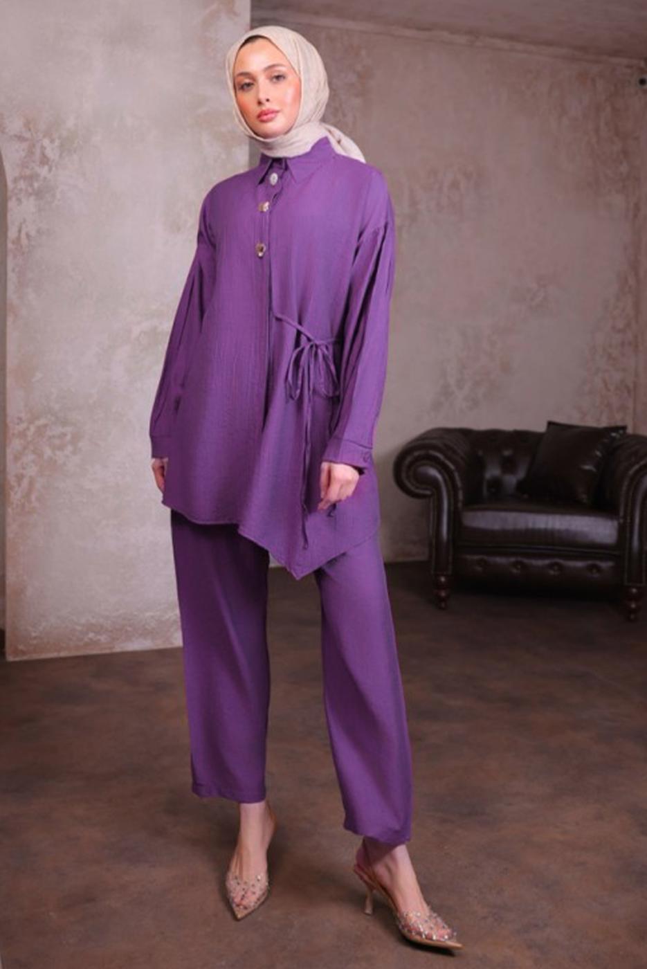 Hijab clothing PURPLE SHIRT COLLAR PANTS SUIT T 8884