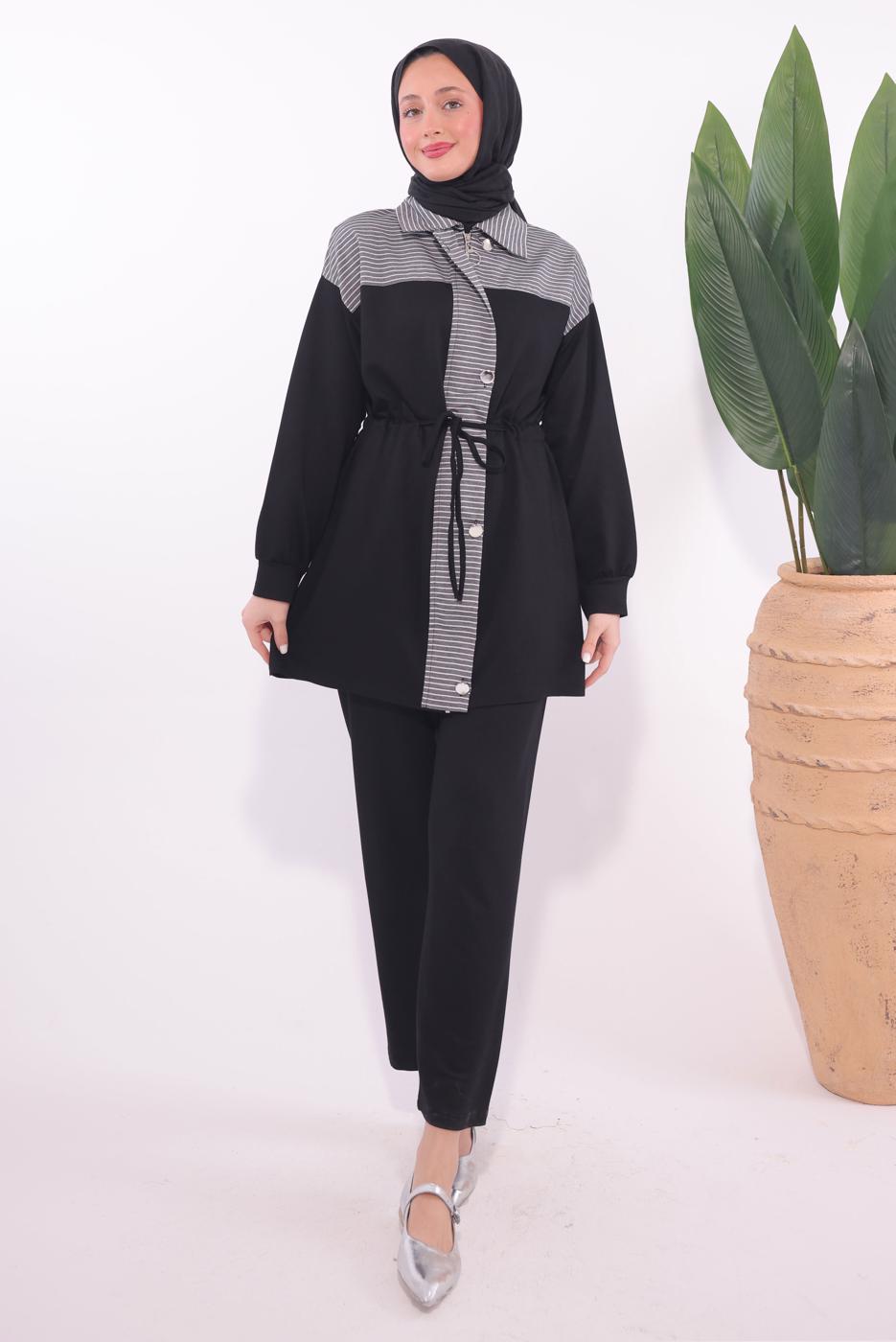 Tesettür giyim SİYAH ÇİZGİLİ PANTOLONLU TAKIM T 9074