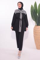 Tesettür giyim SİYAH ÇİZGİLİ PANTOLONLU TAKIM T 9074