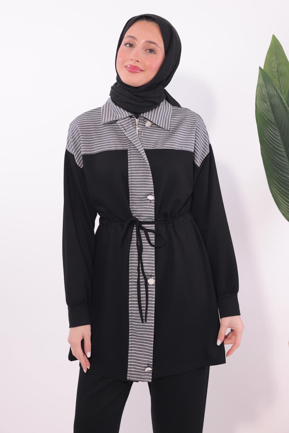 Tesettür giyim SİYAH ÇİZGİLİ PANTOLONLU TAKIM T 9074