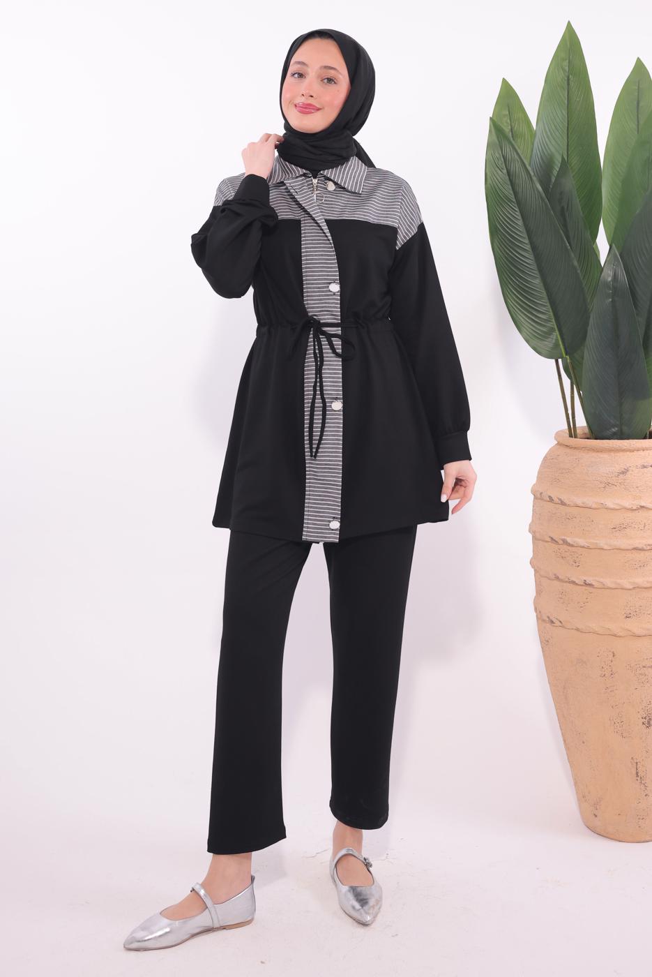 Tesettür giyim SİYAH ÇİZGİLİ PANTOLONLU TAKIM T 9074