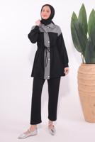 Tesettür giyim SİYAH ÇİZGİLİ PANTOLONLU TAKIM T 9074