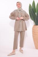 Tesettür giyim KAHVE ÇİZGİLİ PANTOLONLU TAKIM T 9074