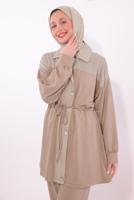 Tesettür giyim KAHVE ÇİZGİLİ PANTOLONLU TAKIM T 9074