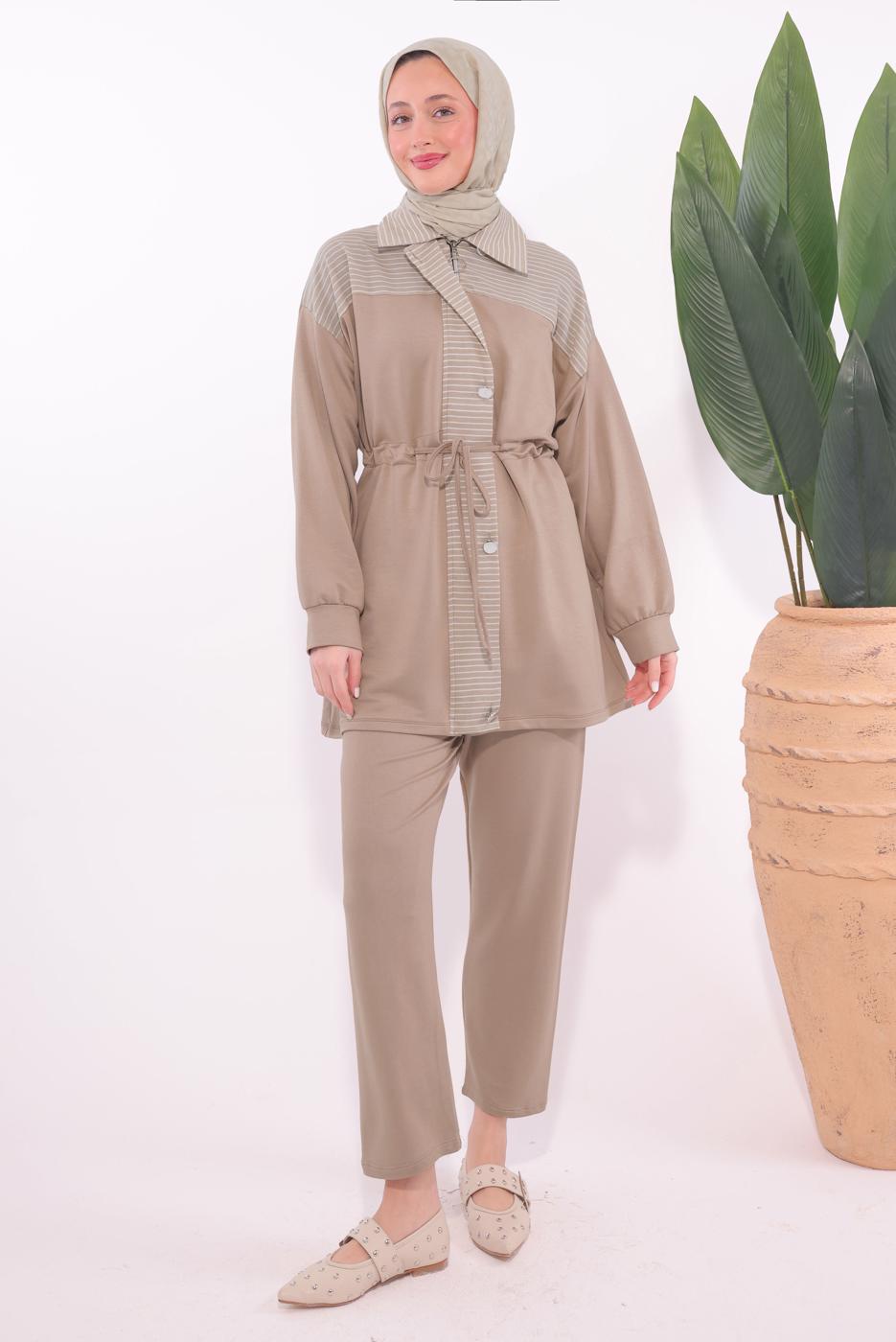 Tesettür giyim KAHVE ÇİZGİLİ PANTOLONLU TAKIM T 9074