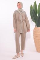 Tesettür giyim KAHVE ÇİZGİLİ PANTOLONLU TAKIM T 9074