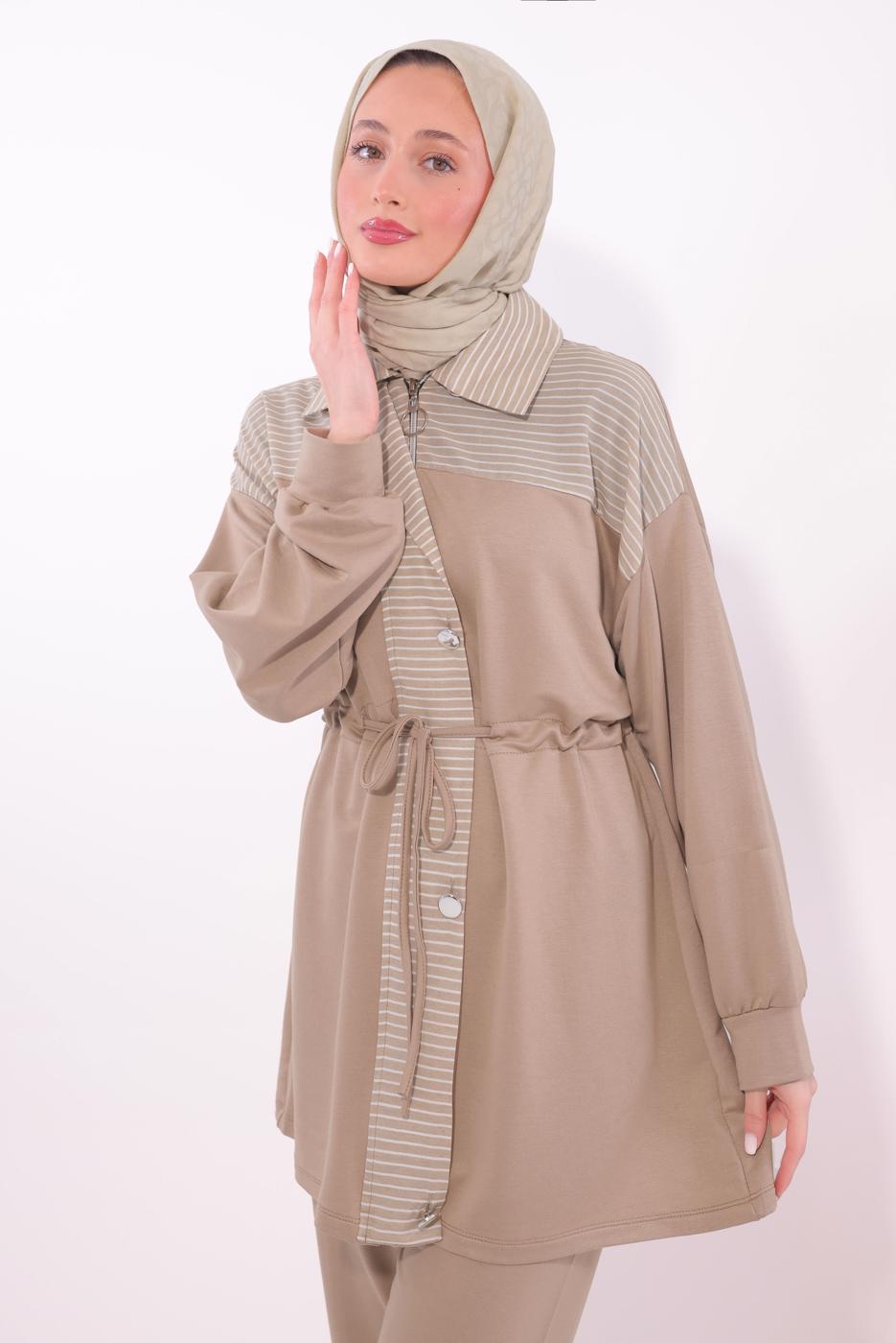 Tesettür giyim KAHVE ÇİZGİLİ PANTOLONLU TAKIM T 9074