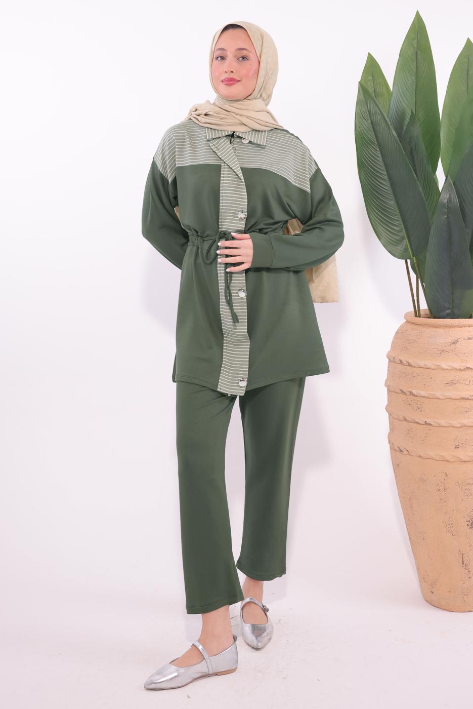 Tesettür giyim HAKİ ÇİZGİLİ PANTOLONLU TAKIM T 9074