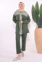 Tesettür giyim HAKİ ÇİZGİLİ PANTOLONLU TAKIM T 9074