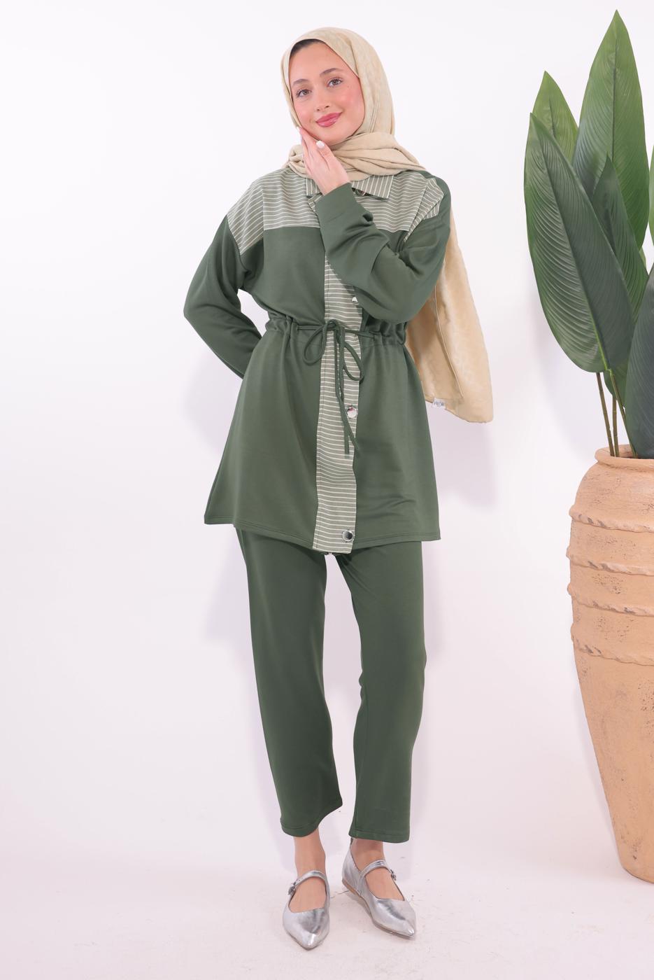 Tesettür giyim HAKİ ÇİZGİLİ PANTOLONLU TAKIM T 9074