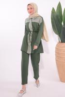Tesettür giyim HAKİ ÇİZGİLİ PANTOLONLU TAKIM T 9074