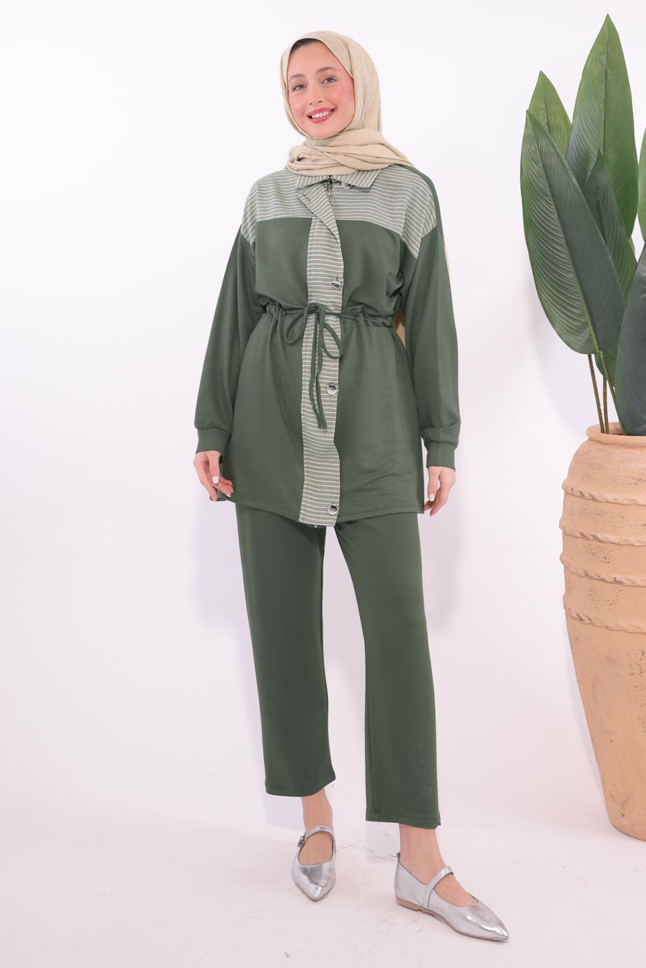 Tesettür giyim HAKİ ÇİZGİLİ PANTOLONLU TAKIM T 9074