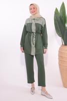 Tesettür giyim HAKİ ÇİZGİLİ PANTOLONLU TAKIM T 9074