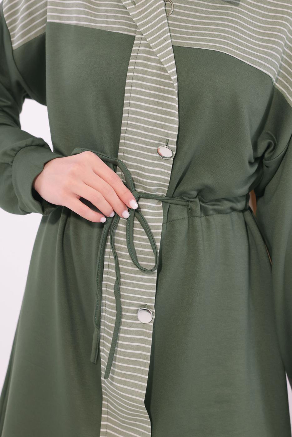 Tesettür giyim HAKİ ÇİZGİLİ PANTOLONLU TAKIM T 9074