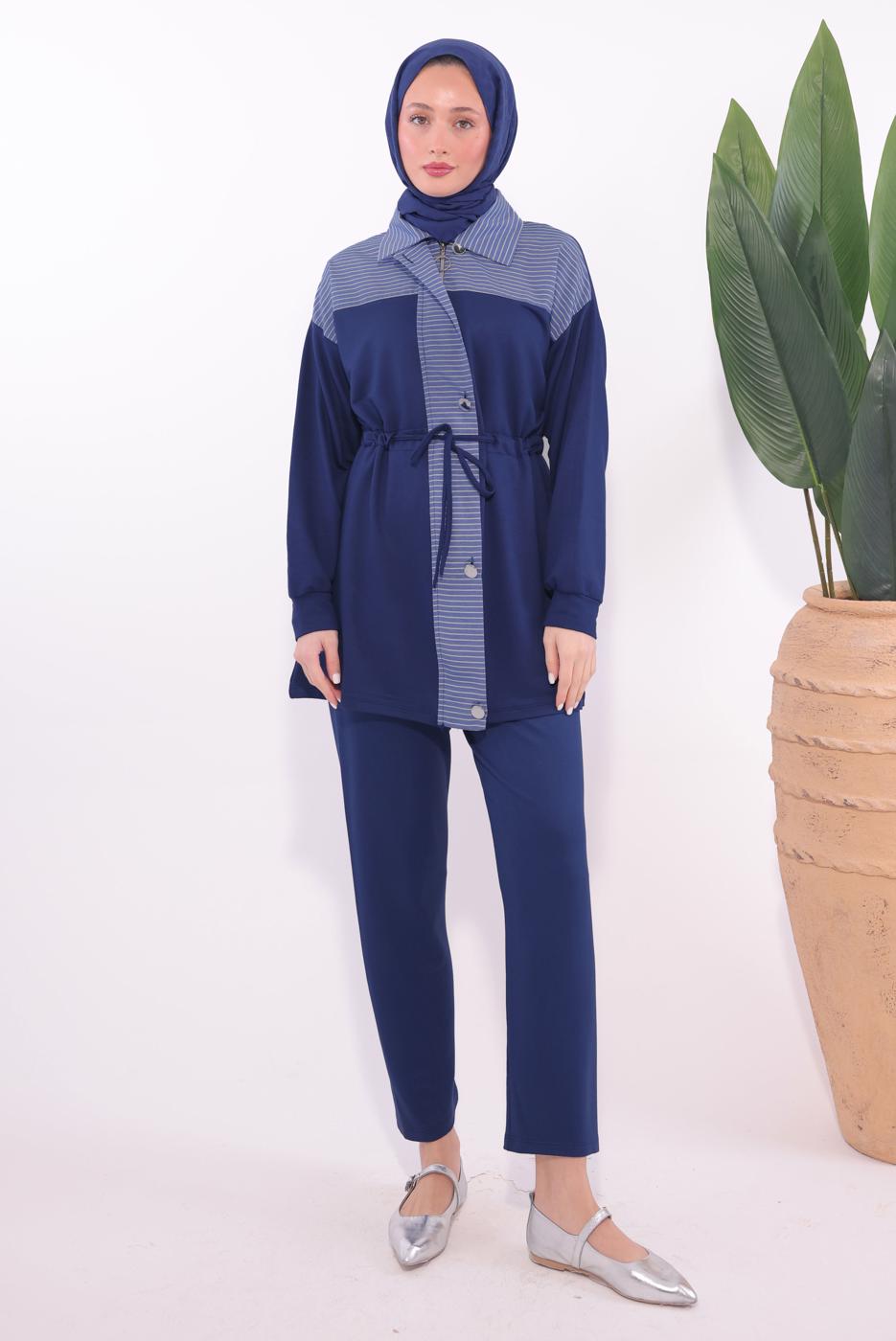 Tesettür giyim LACİVERT ÇİZGİLİ PANTOLONLU TAKIM T 9074