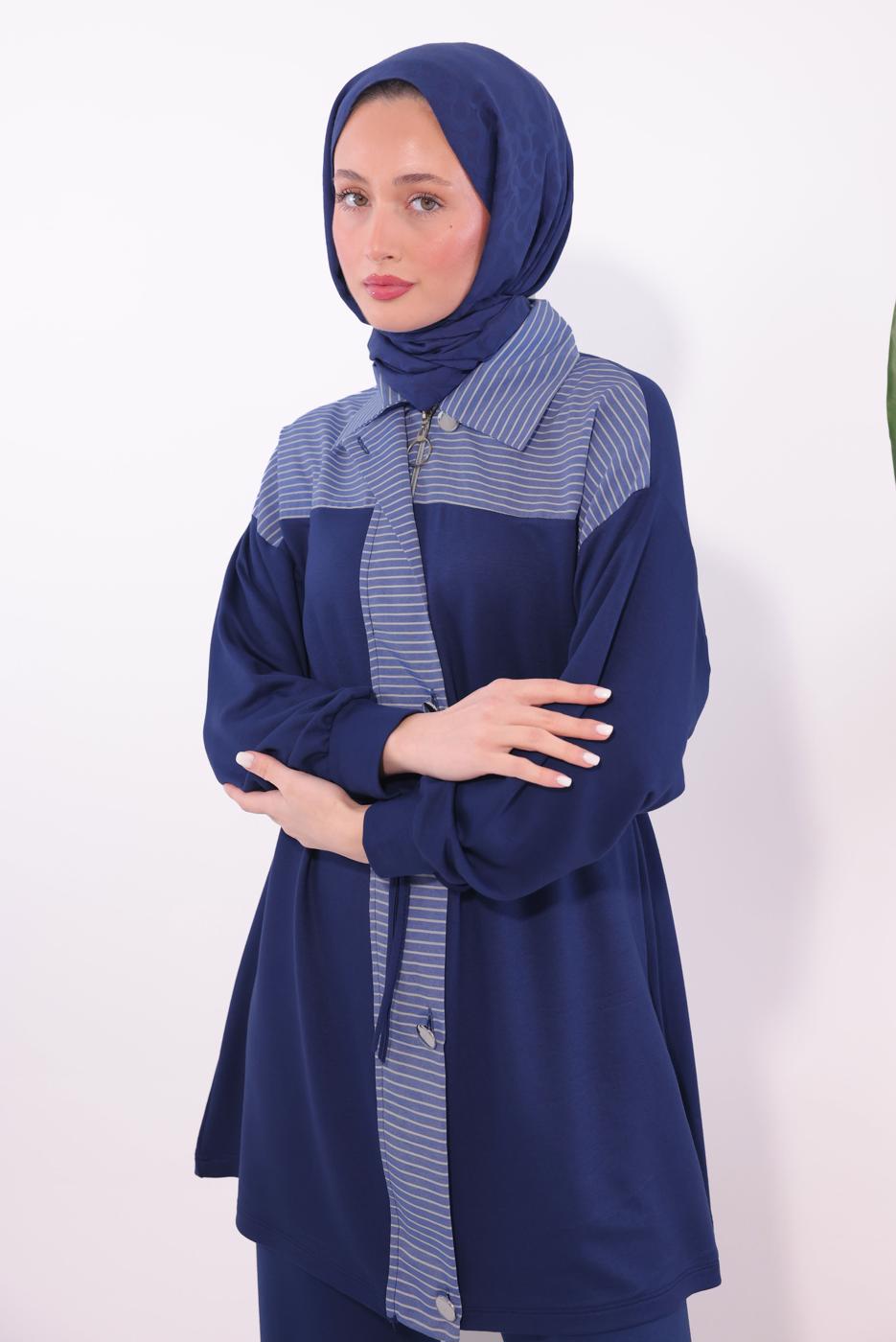 Tesettür giyim LACİVERT ÇİZGİLİ PANTOLONLU TAKIM T 9074
