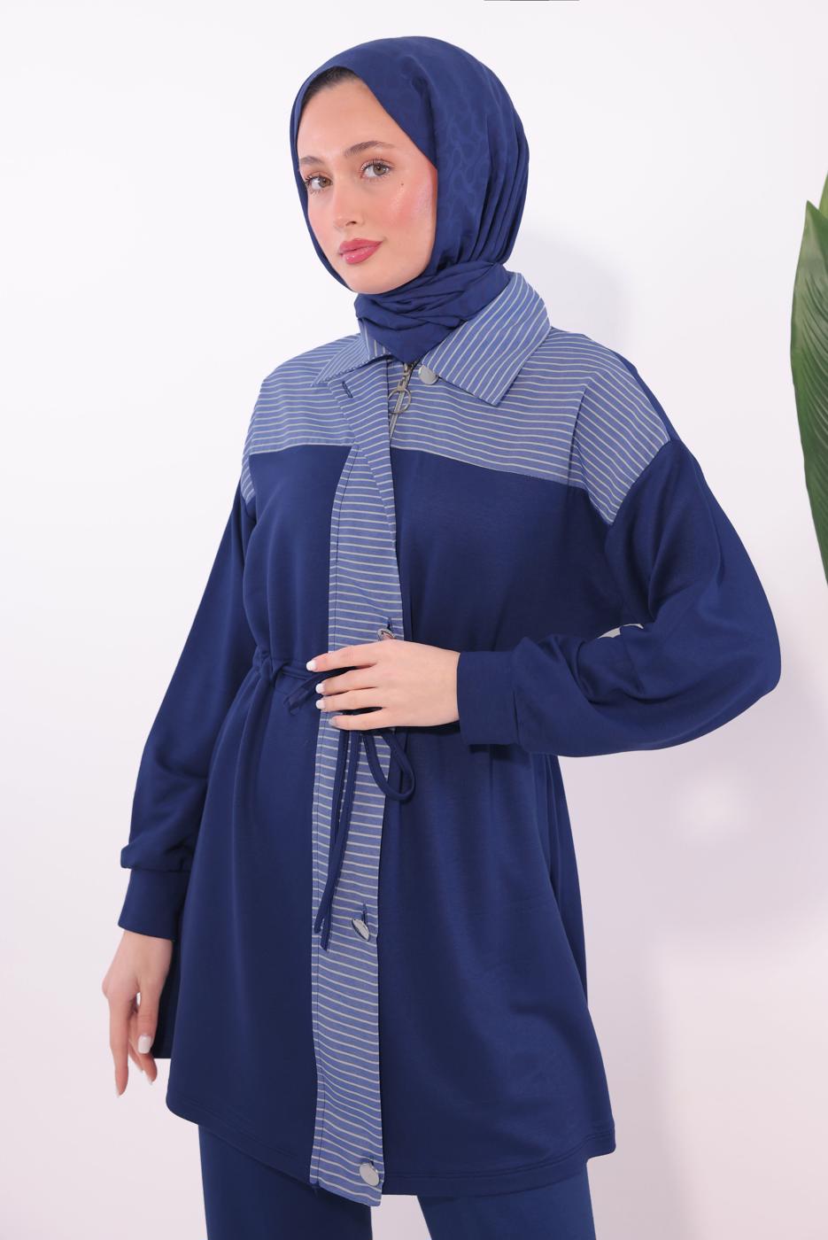 Tesettür giyim LACİVERT ÇİZGİLİ PANTOLONLU TAKIM T 9074