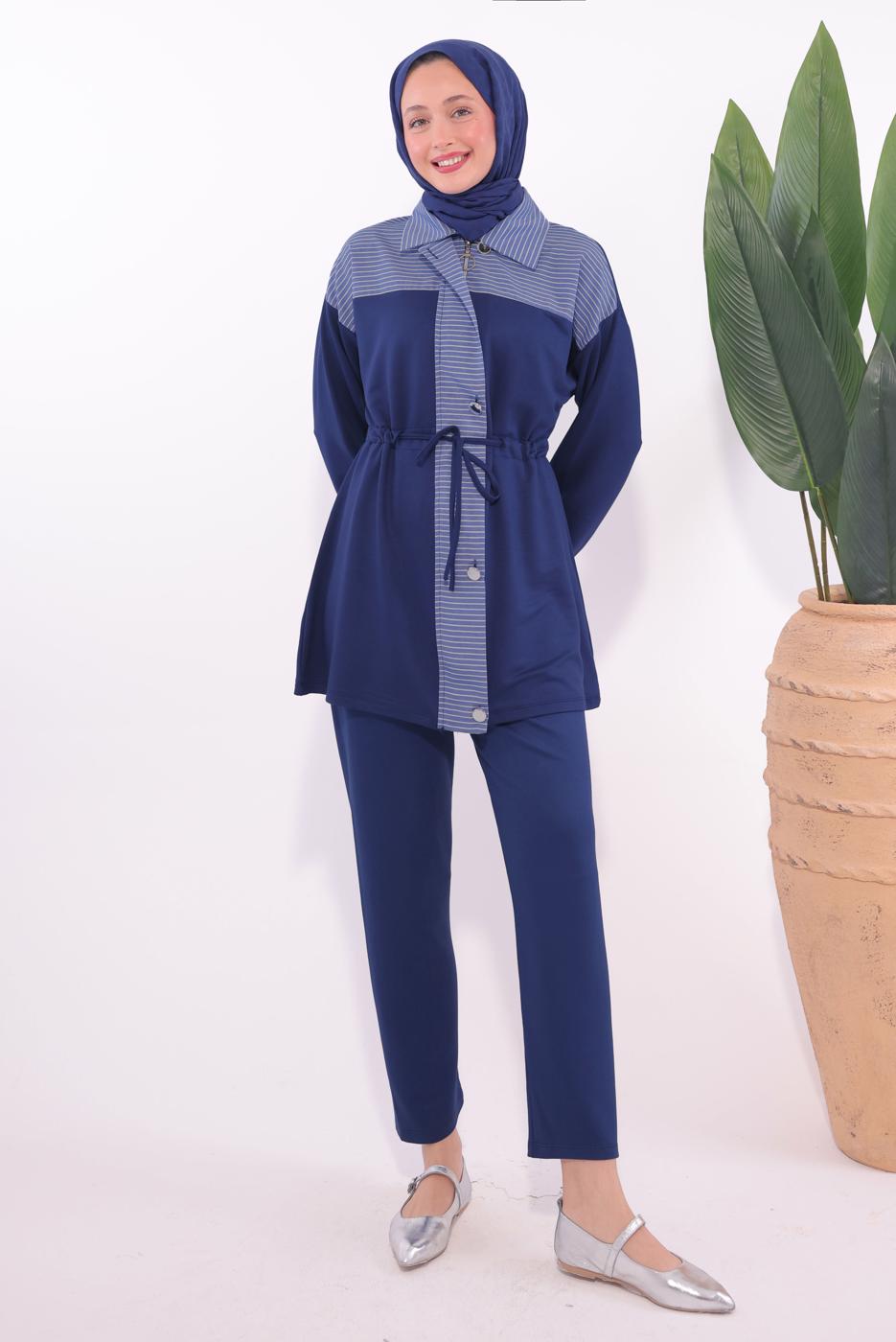 Tesettür giyim LACİVERT ÇİZGİLİ PANTOLONLU TAKIM T 9074