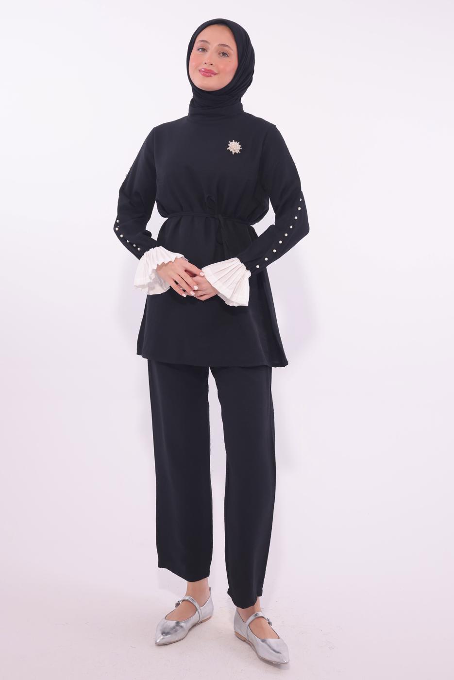 Tesettür giyim SİYAH BONCUK DETAYLI PANTOLONLU TAKIM T 9174