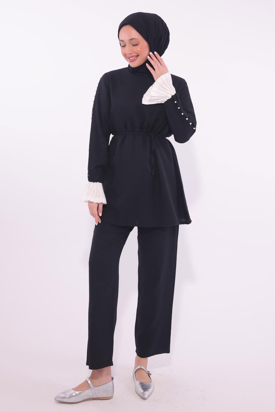Tesettür giyim SİYAH BONCUK DETAYLI PANTOLONLU TAKIM T 9174