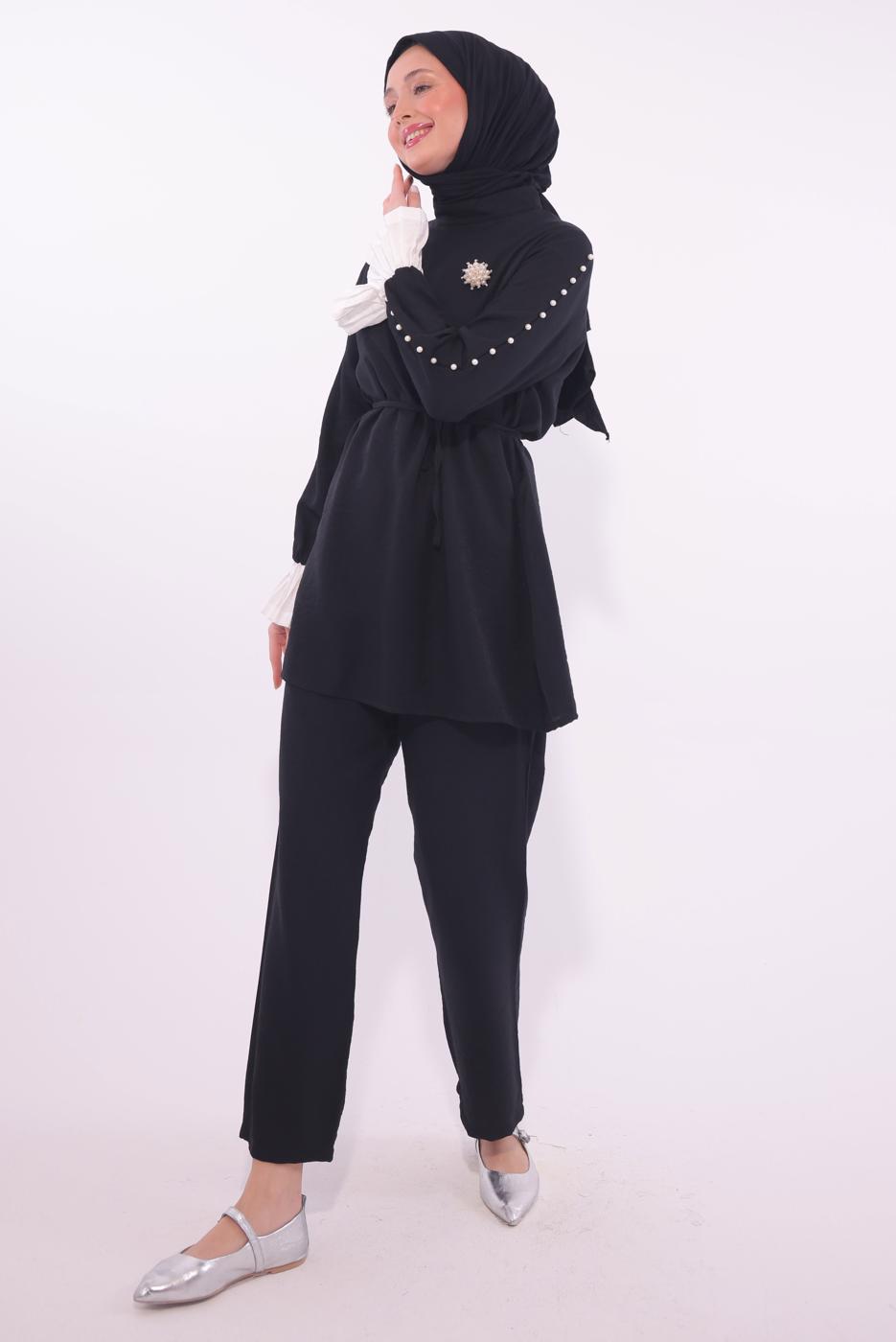 Tesettür giyim SİYAH BONCUK DETAYLI PANTOLONLU TAKIM T 9174