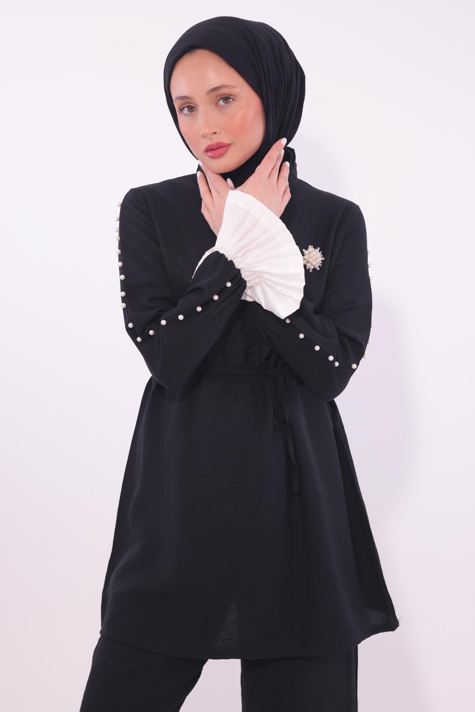Tesettür giyim SİYAH BONCUK DETAYLI PANTOLONLU TAKIM T 9174