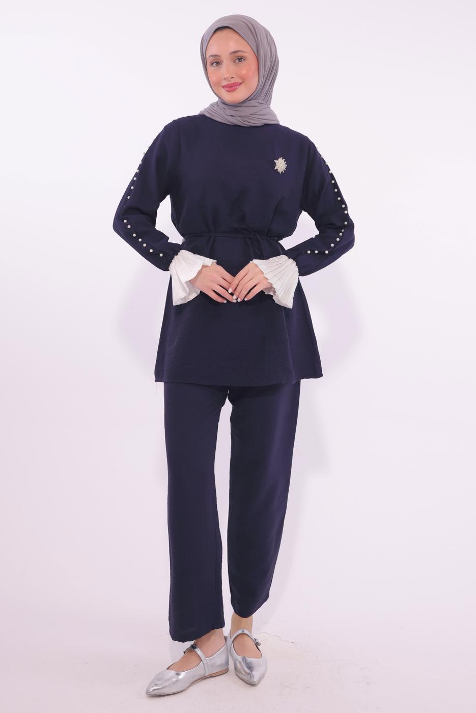 Tesettür giyim LACİVERT BONCUK DETAYLI PANTOLONLU TAKIM T 9174