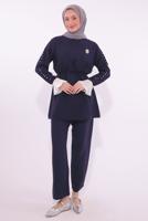 Tesettür giyim LACİVERT BONCUK DETAYLI PANTOLONLU TAKIM T 9174