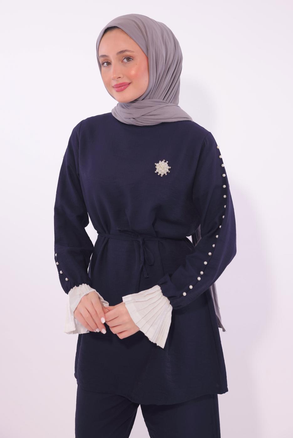 Tesettür giyim LACİVERT BONCUK DETAYLI PANTOLONLU TAKIM T 9174