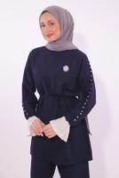 Tesettür giyim LACİVERT BONCUK DETAYLI PANTOLONLU TAKIM T 9174