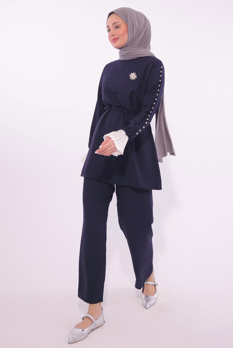 Tesettür giyim LACİVERT BONCUK DETAYLI PANTOLONLU TAKIM T 9174