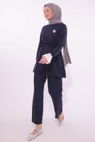 Tesettür giyim LACİVERT BONCUK DETAYLI PANTOLONLU TAKIM T 9174