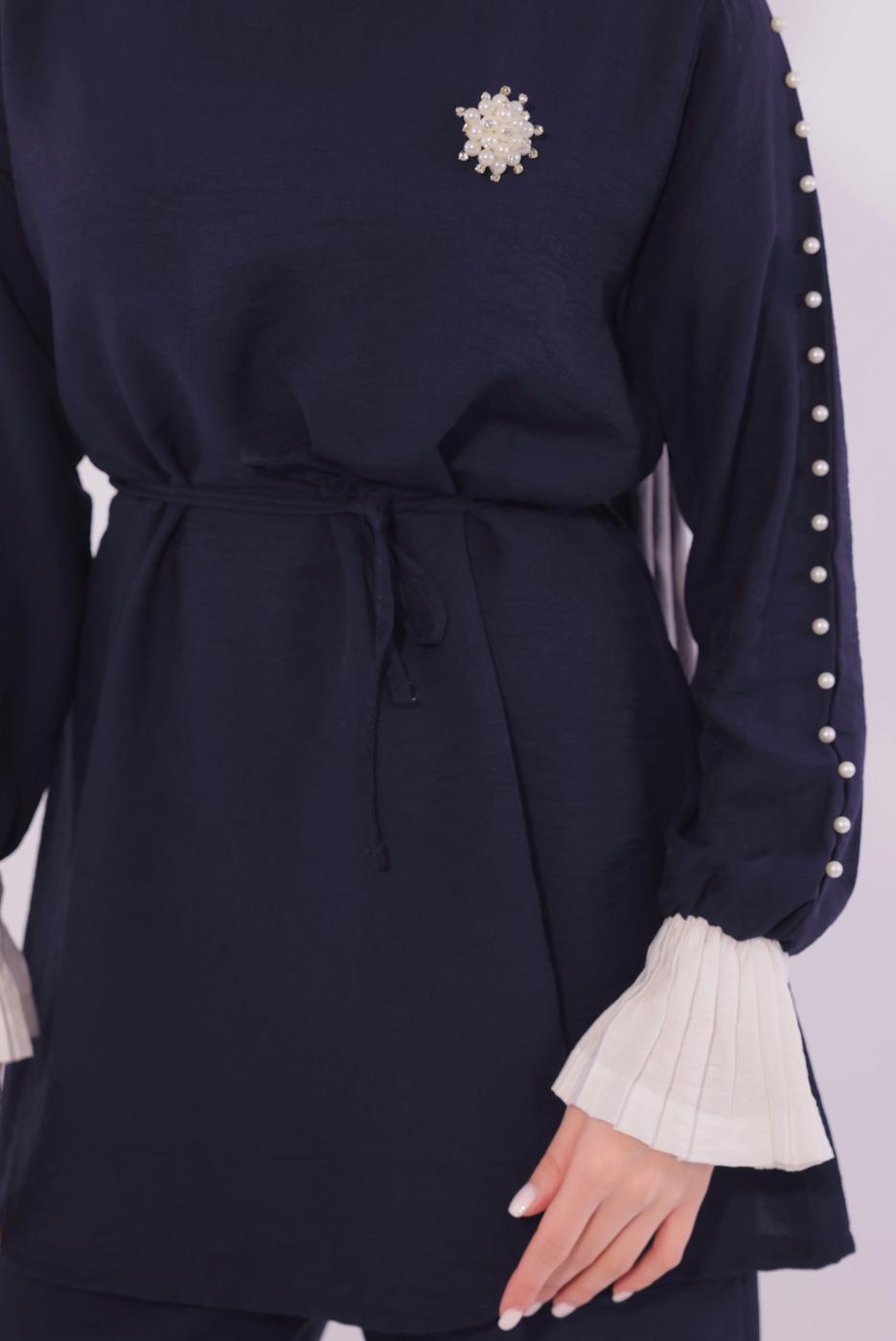 Tesettür giyim LACİVERT BONCUK DETAYLI PANTOLONLU TAKIM T 9174