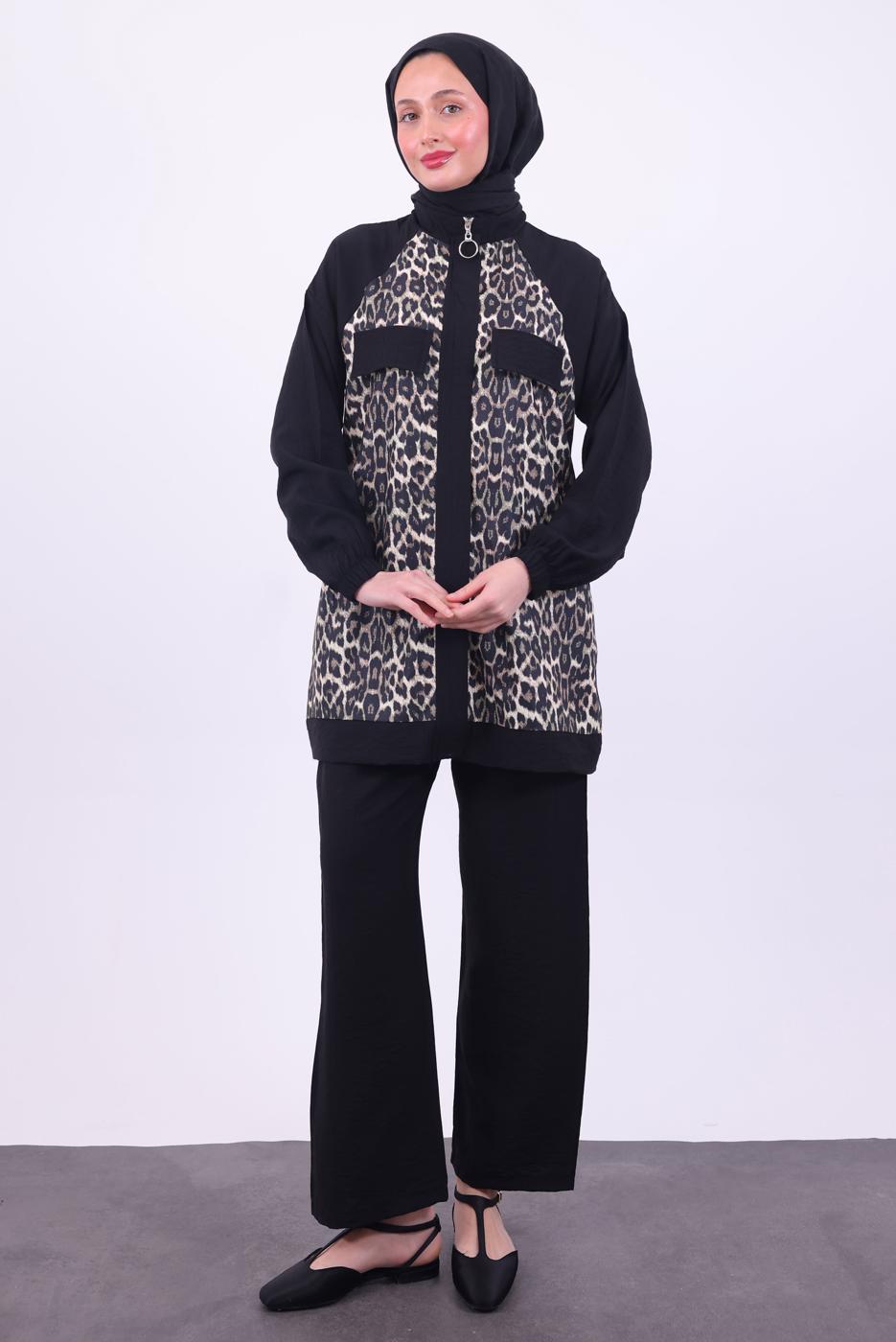 Hijab clothing BLACK LEOPARD PATTERNED PANTS SUIT T 9474