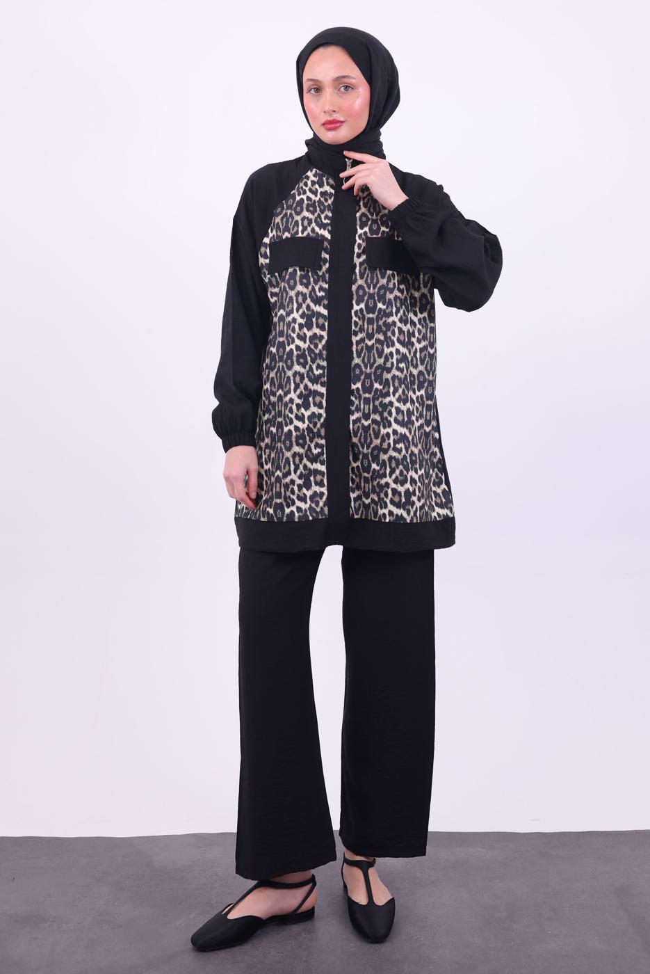 Hijab clothing BLACK LEOPARD PATTERNED PANTS SUIT T 9474